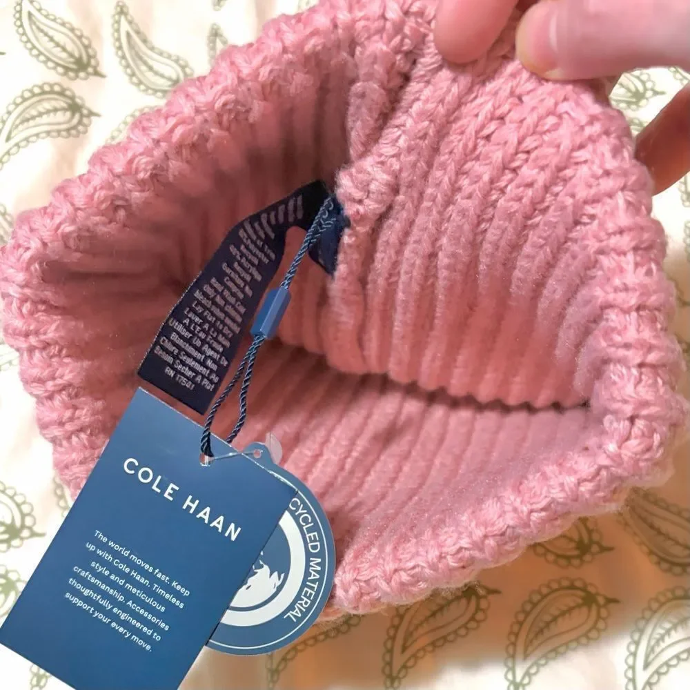 Cole Haan Logo Zephyr Pink Chunky Knit Cuffed Beanie Winter Hat OS